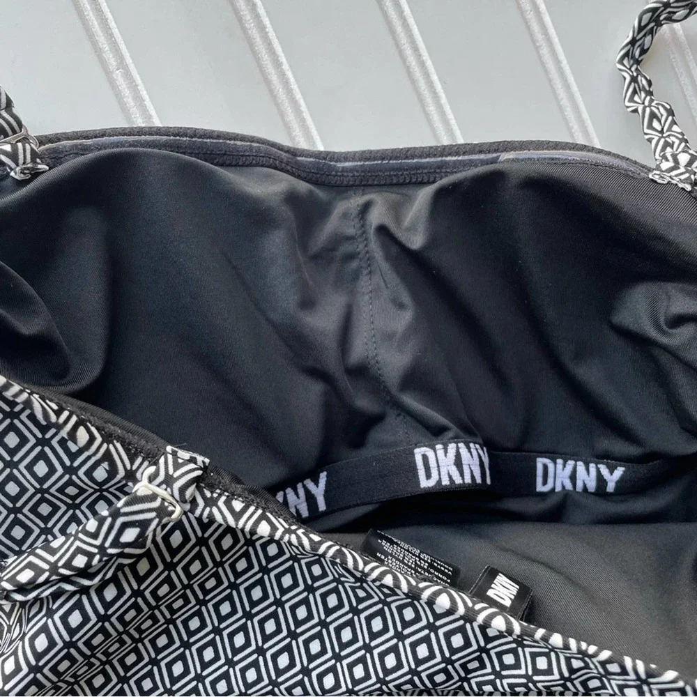 DKNY Swimsuit One Piece Black White Geo Small Bandeau UPF SPF Stretch Straps - Picture 6 of 7